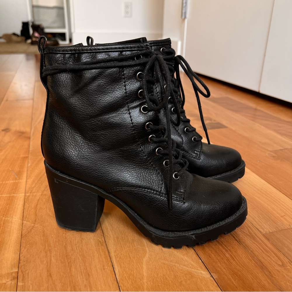 black lug sole booties. 3” heel. vegan.